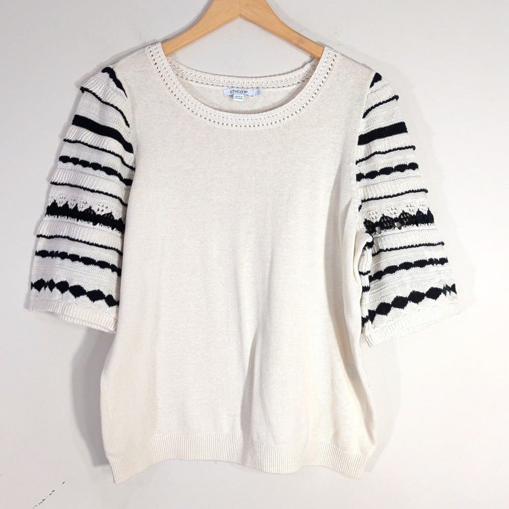 Chico's Ivory Black Sweater; Short Sleeve Cotton Linen Crochet Knit Size M